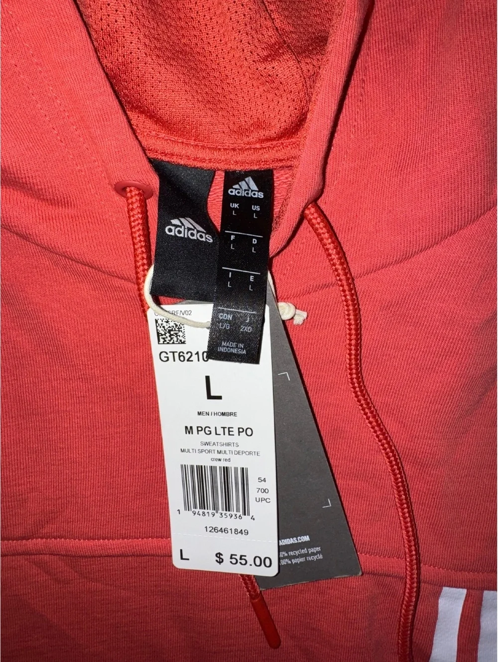 Men’s Adidas coral red hoodie with iconic three stripes Size L new with tags